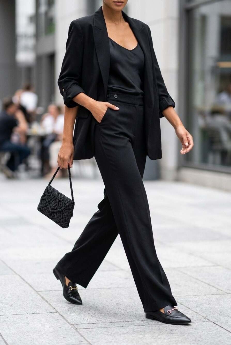 RUZA Black High-Waisted Wide-Leg Tailored Trousers #904